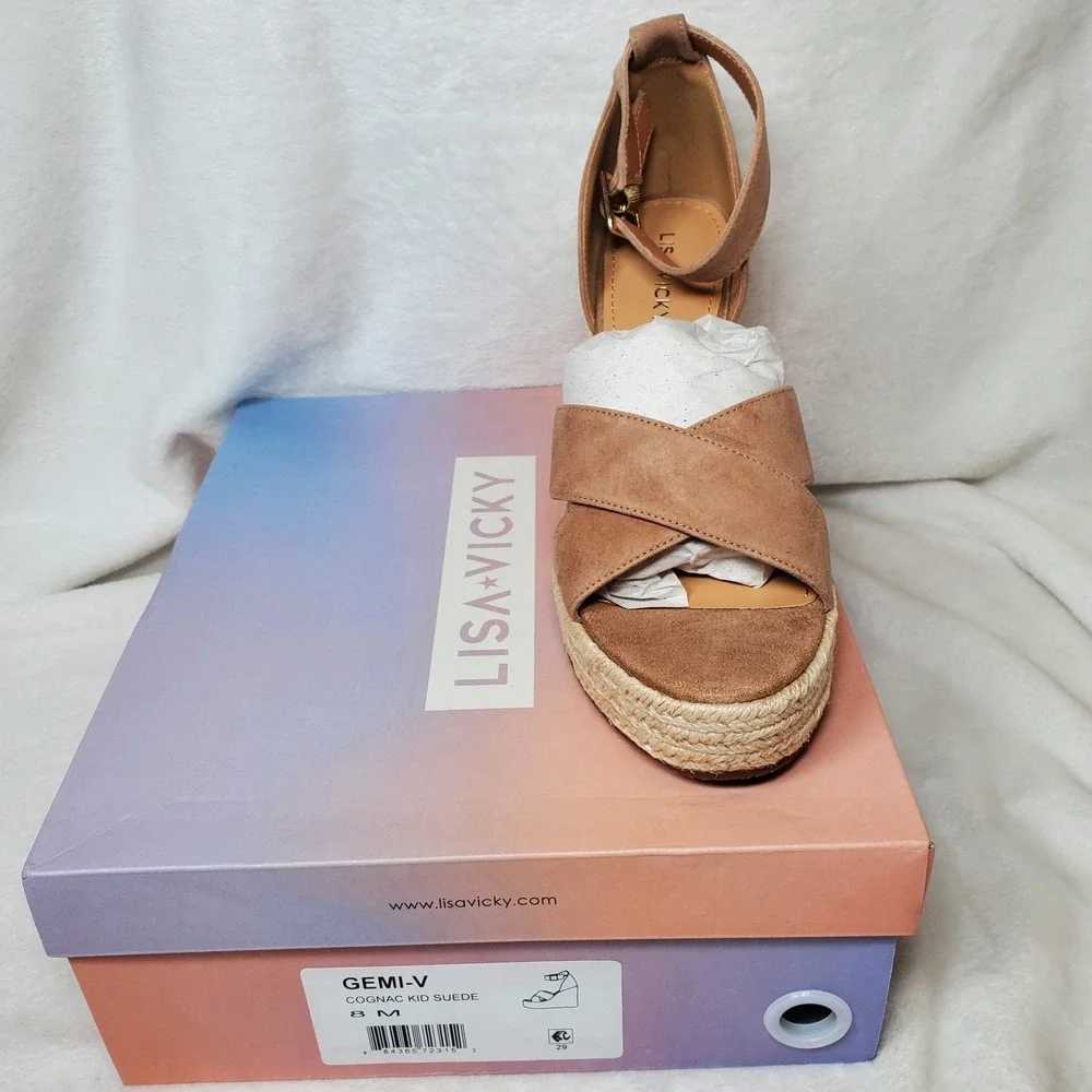 Lisa Vicky Gemi Platform Wedge Sandal Kid Suede Leather Cognac Women's 8.5 M NWB
